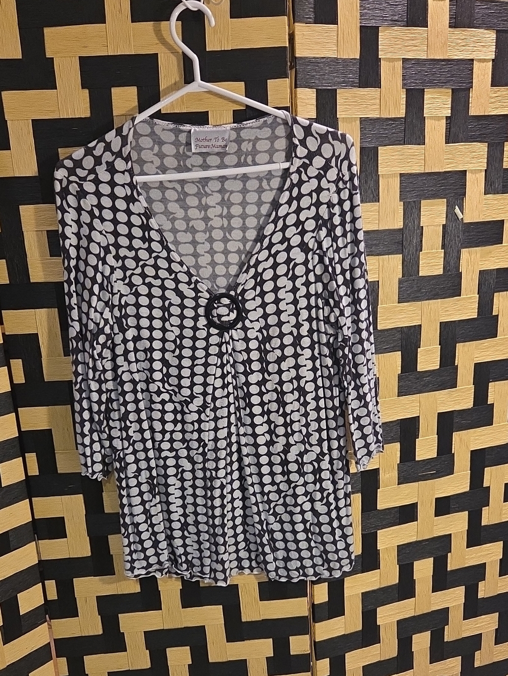 Black & White Polka Dot V-Neck Long Sleeve Top with Ring Detail